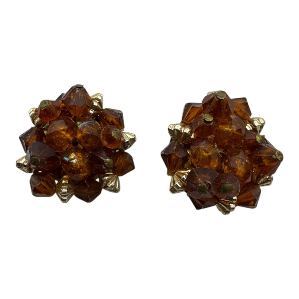 Vintage West Germany‎ Amber Beaded Cluster Clip-On Earrings 1”